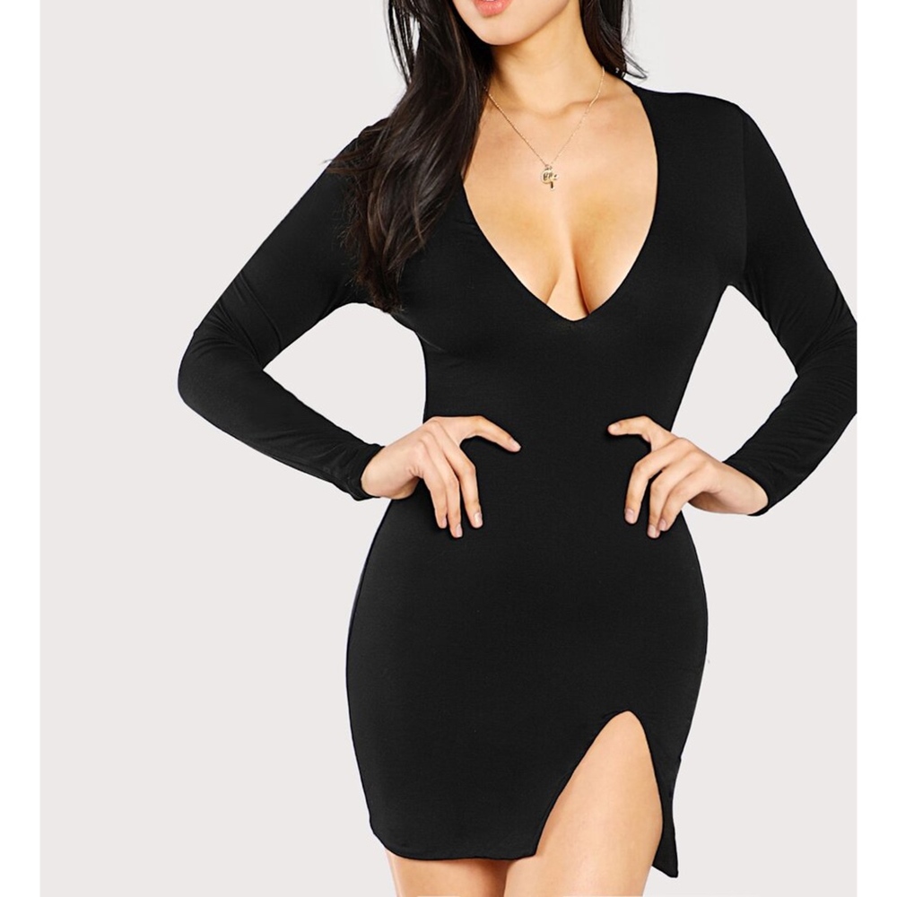 Black Deep V Side Slit Bodycon Sexy Dress